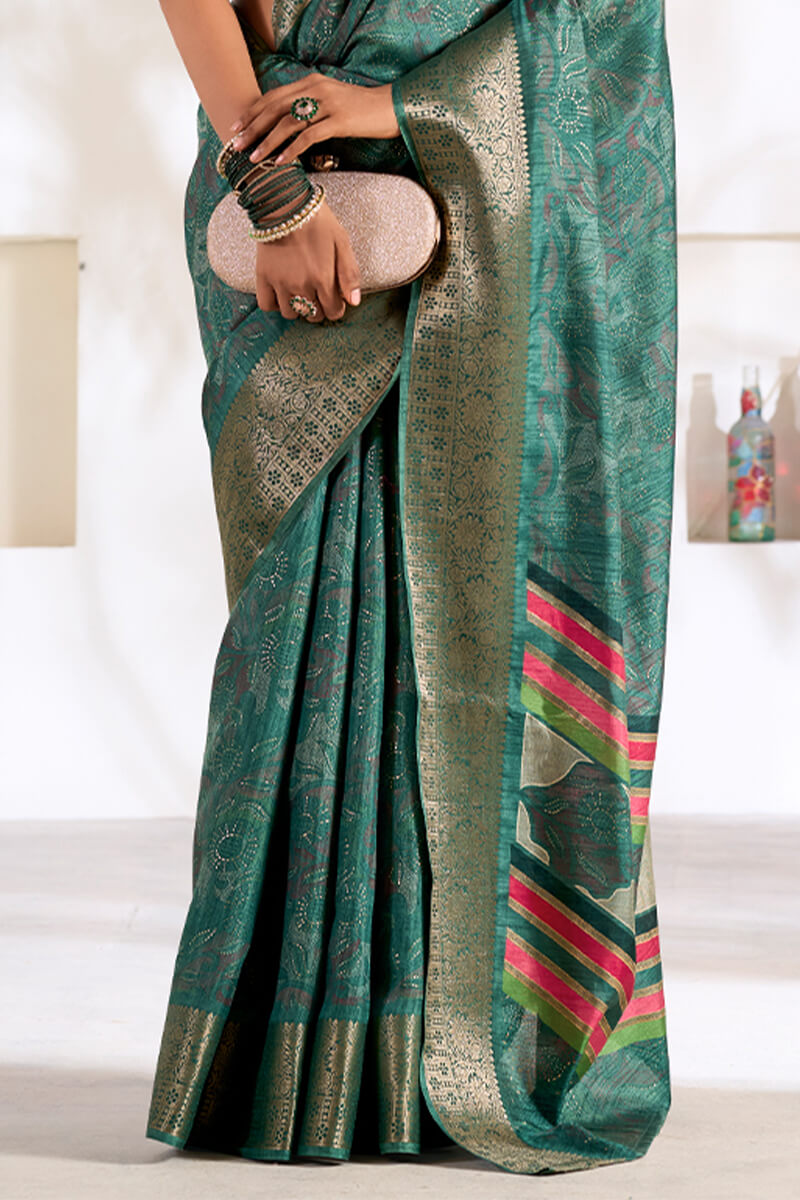 Luxury Rama Green Digital Printed Dola Silk Saree With Chatoyant Designer Blouse Piece