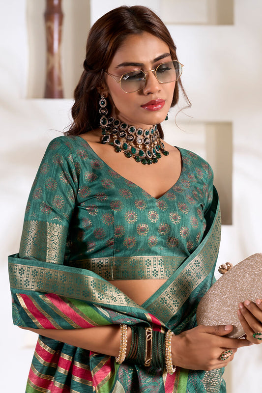 Luxury Rama Green Digital Printed Dola Silk Saree With Chatoyant Designer Blouse Piece