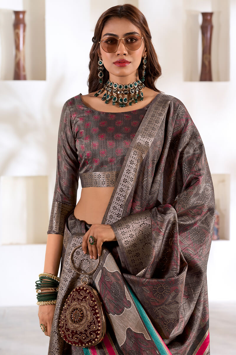 Premium Grey Digital Printed Dola Silk Saree With Elegant Designer Blouse Piece