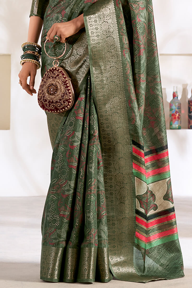 Elegant Green Digital Printed Dola Silk Saree With Designer Blouse Piece