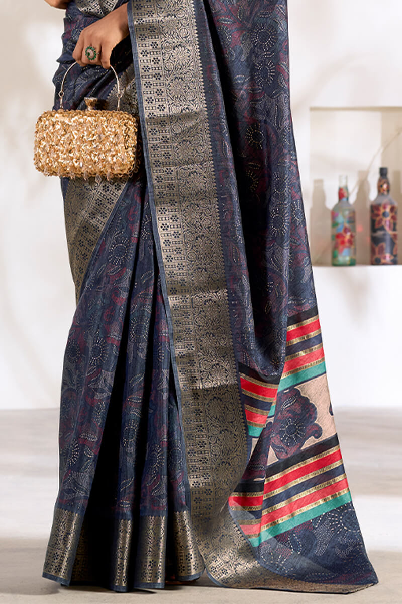 Elegant Blue Digital Printed Dola Silk Saree With Vivacious Designer Blouse Piece