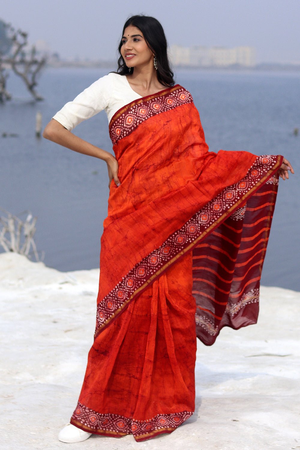 "SAFFRON SERENE" BATIK COTTON SILK SAREE