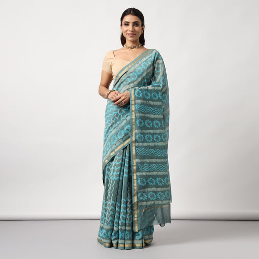 Urmika - Aqua & Grey Cotton Silk Saree