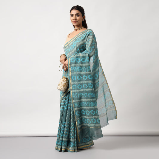 Urmika - Aqua & Grey Cotton Silk Saree