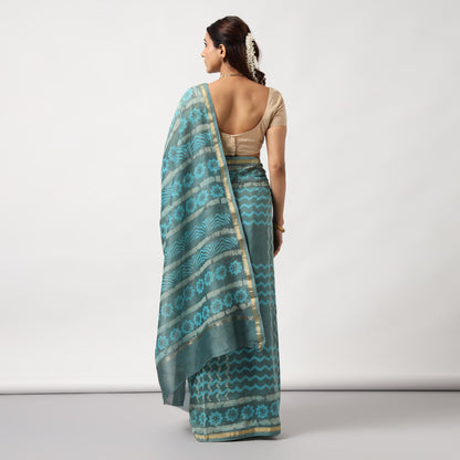 Urmika - Aqua & Grey Cotton Silk Saree