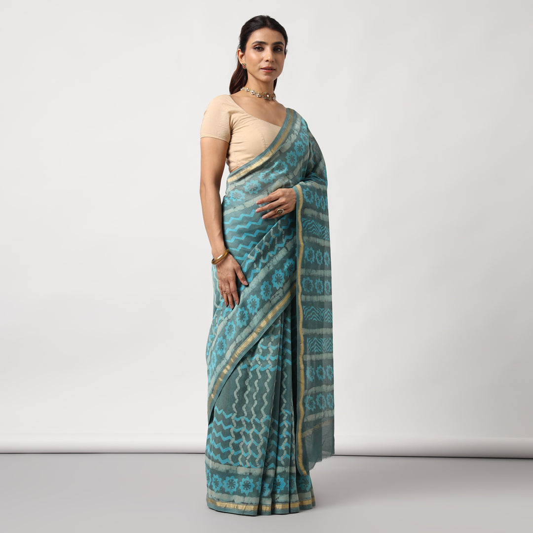 Urmika - Aqua & Grey Cotton Silk Saree