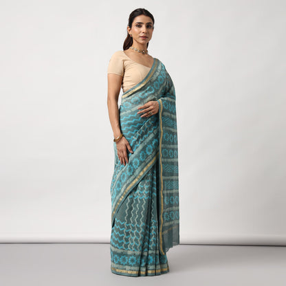 Urmika - Aqua & Grey Cotton Silk Saree