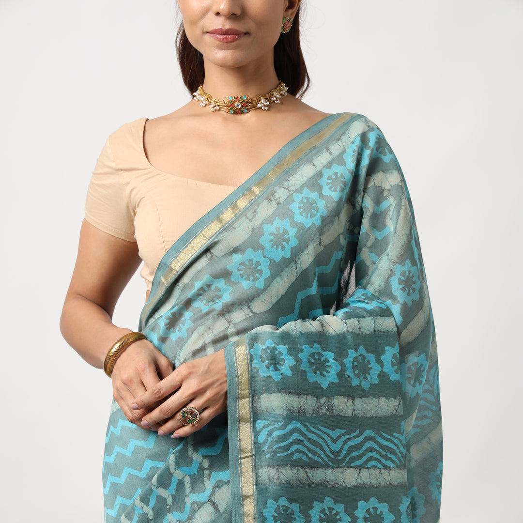 Urmika - Aqua & Grey Cotton Silk Saree