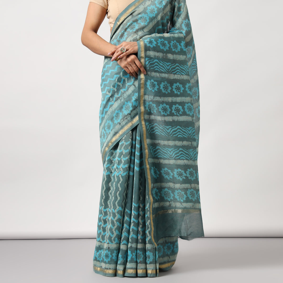 Urmika - Aqua & Grey Cotton Silk Saree