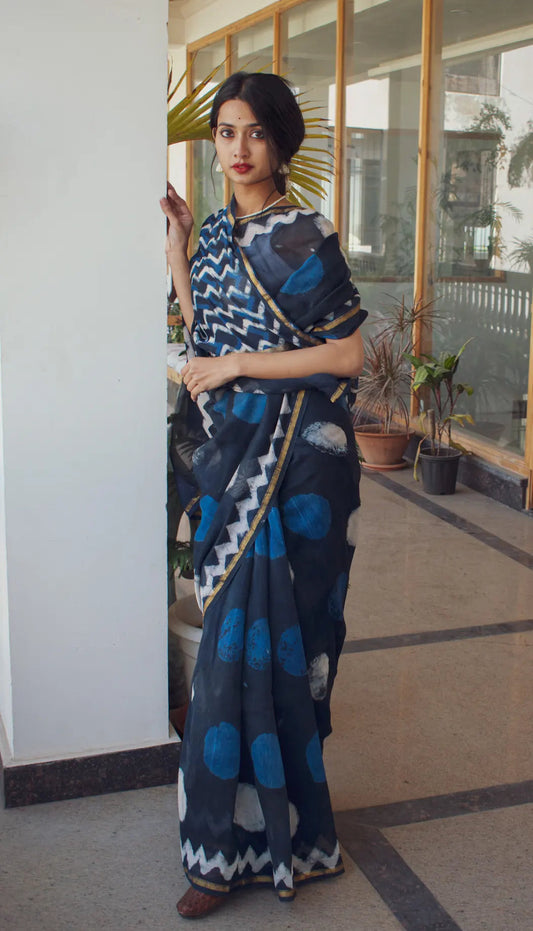 Sunaina - Indigo Dabu Cotton Silk Saree