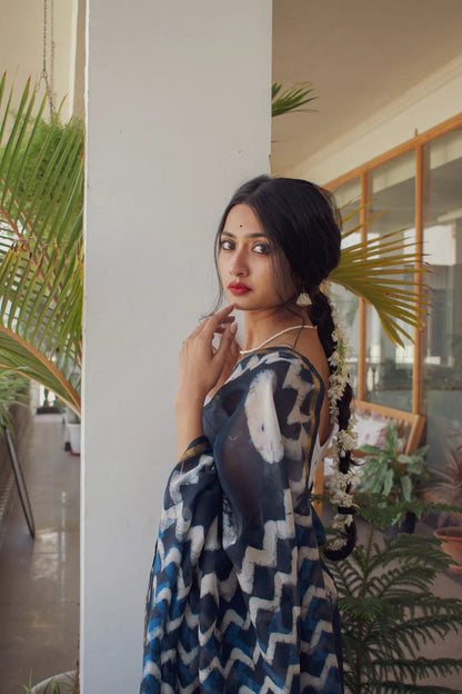 Sunaina - Indigo Dabu Cotton Silk Saree