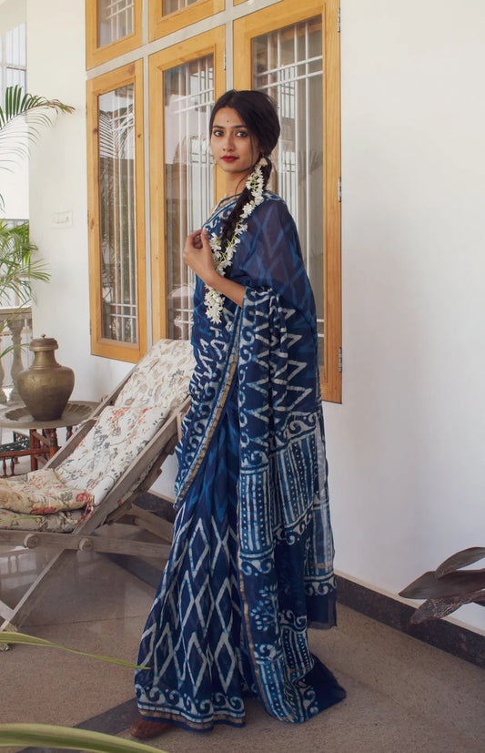 Heer - Indigo Dabu Print Cotton Silk Saree