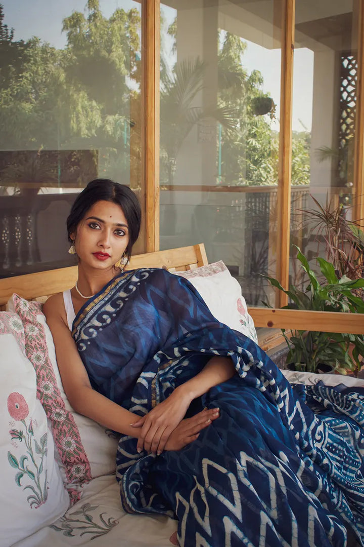 Heer - Indigo Dabu Print Cotton Silk Saree