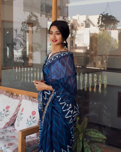 Heer - Indigo Dabu Print Cotton Silk Saree