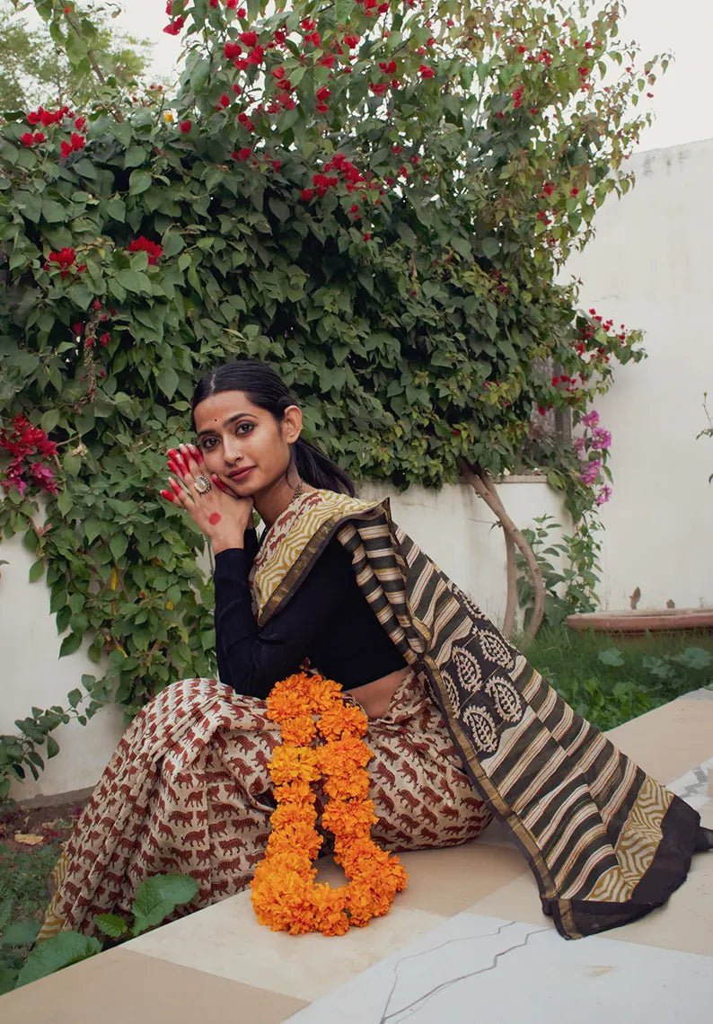 Tigress - Beige Cotton Silk Saree