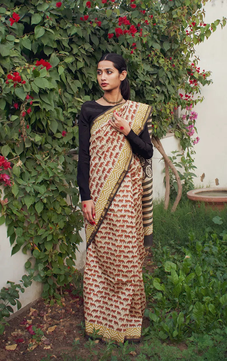Tigress - Beige Cotton Silk Saree