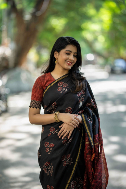 Tri Floral on Black Printed Cotton saree