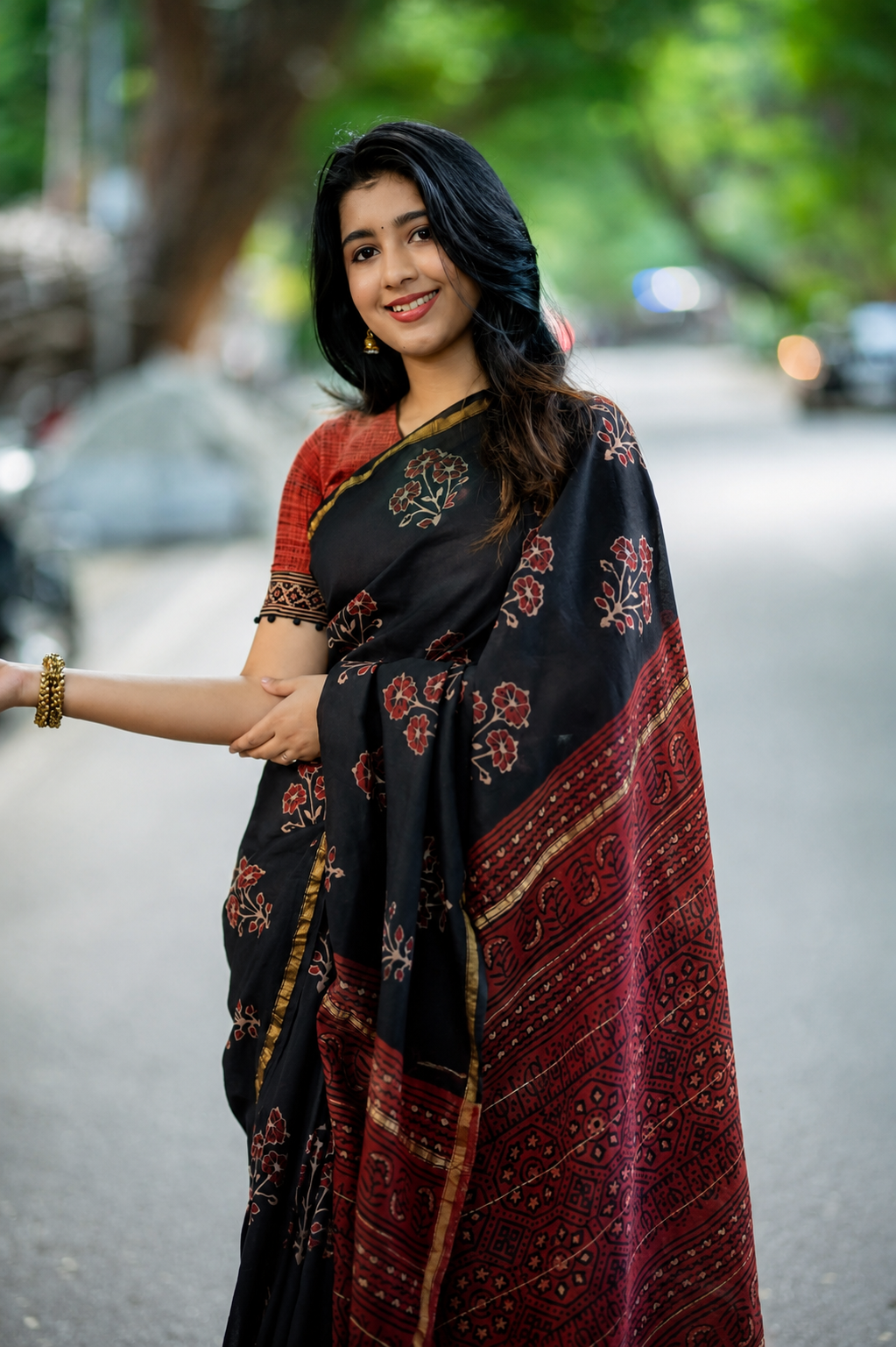 Tri Floral on Black Printed Cotton saree