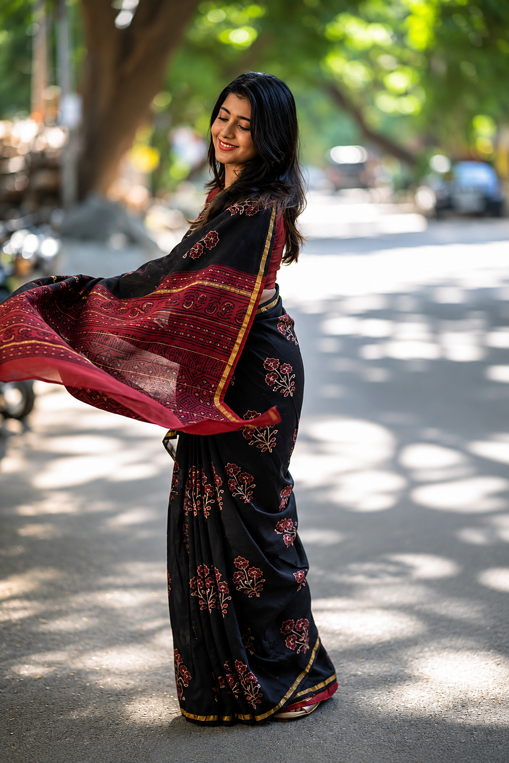 Tri Floral on Black Printed Cotton saree