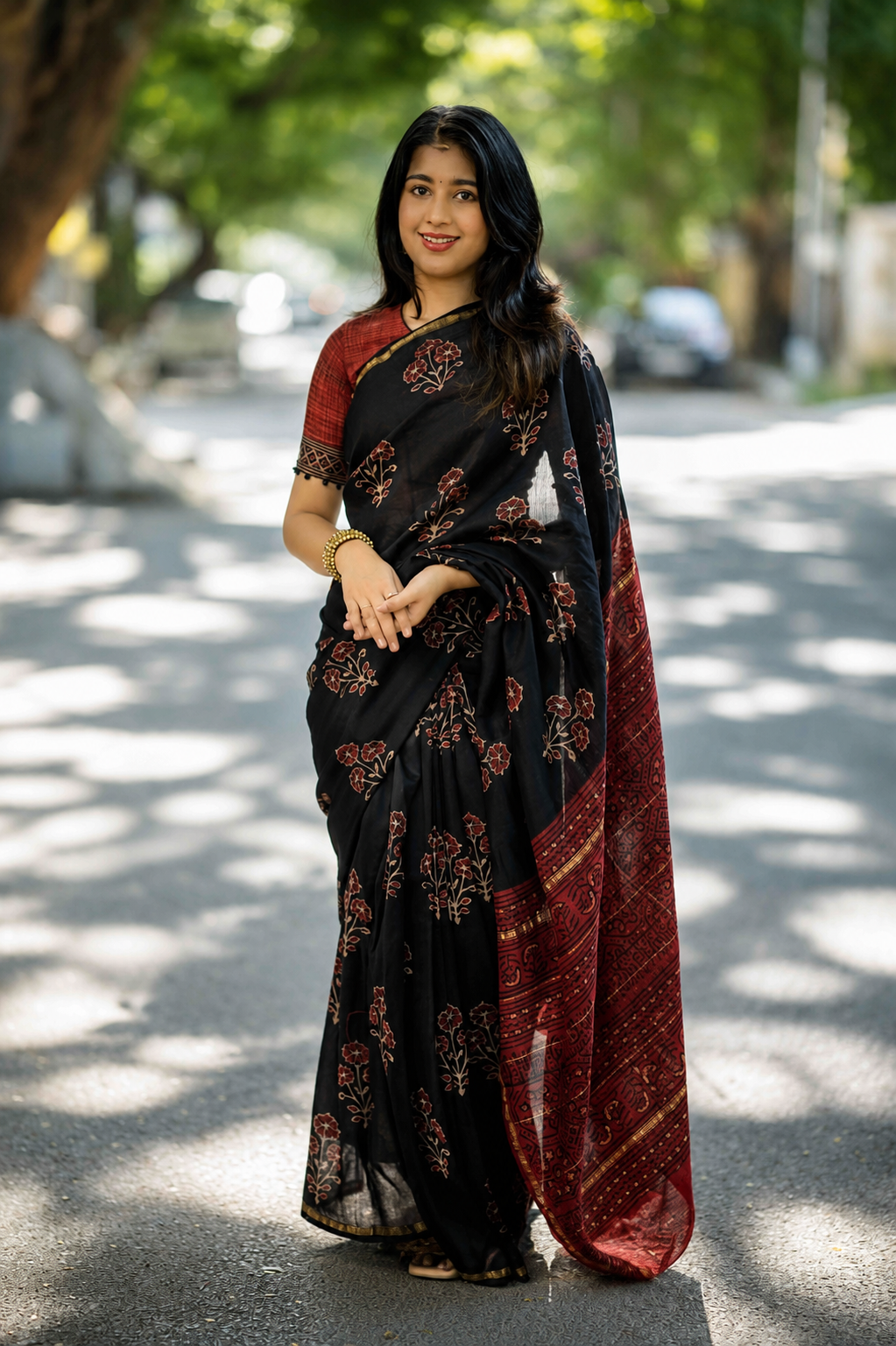 Tri Floral on Black Printed Cotton saree