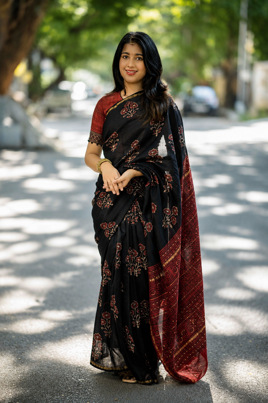 Tri Floral on Black Printed Cotton saree
