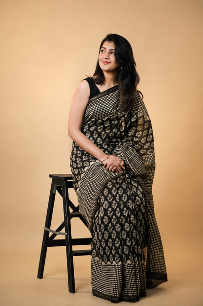 Florets on Black Printed Cotton Silk saree
