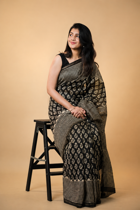 Florets on Black Printed Cotton Silk saree