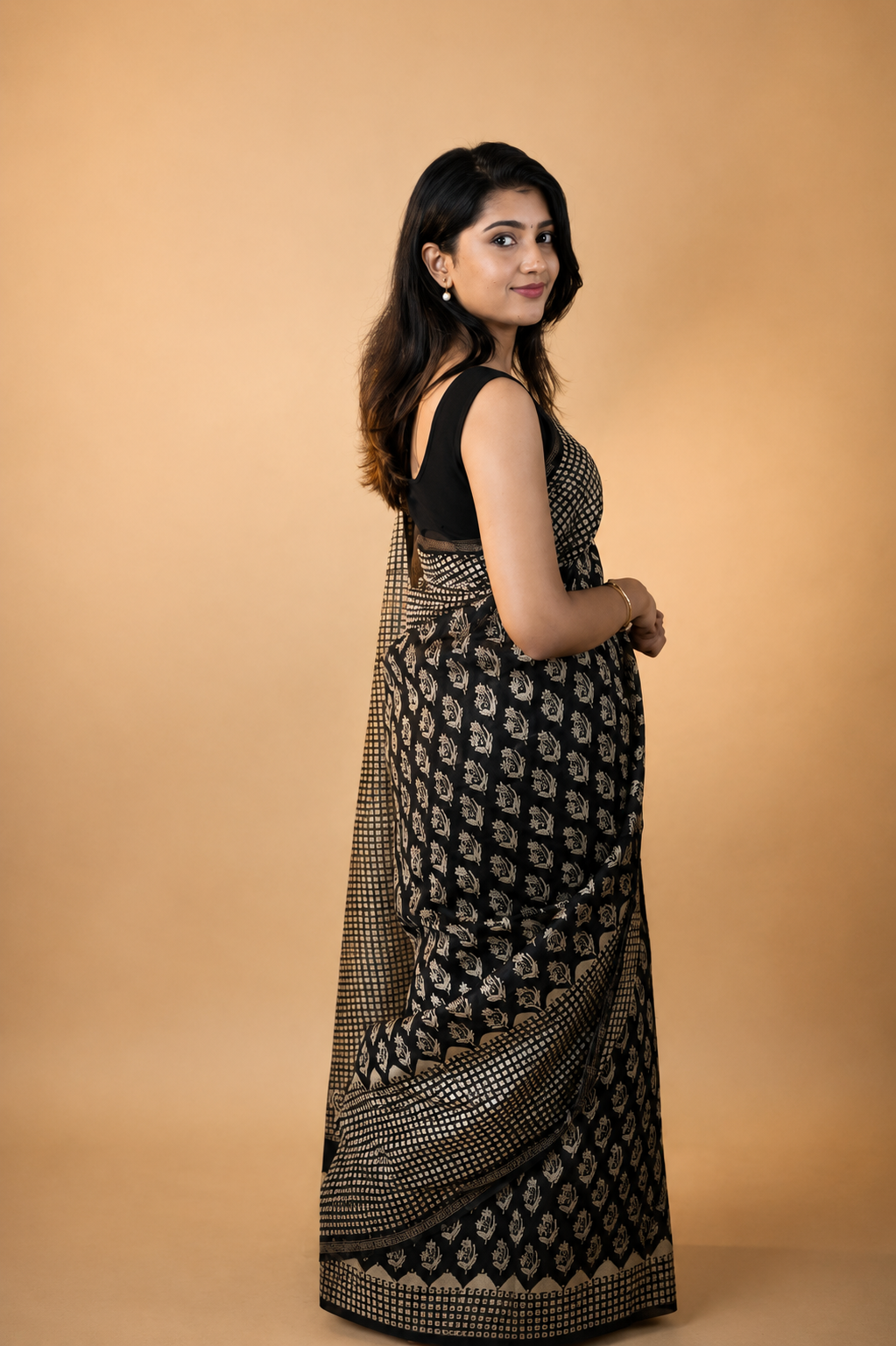 Florets on Black Printed Cotton Silk saree