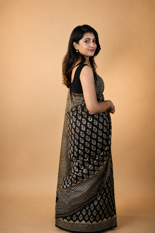 Florets on Black Printed Cotton Silk saree