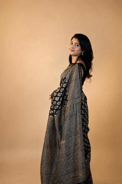 Florets on Black Printed Cotton Silk saree
