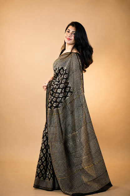 Florets on Black Printed Cotton Silk saree