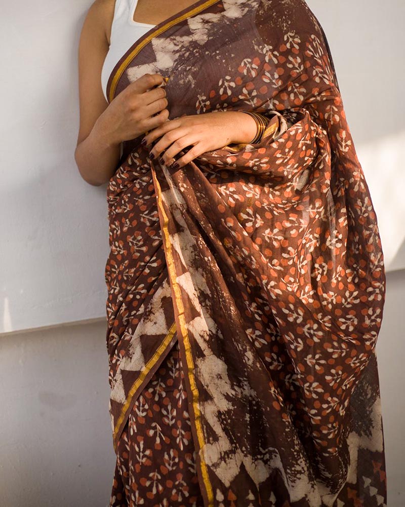 Cocoa Blossom - Cotton Silk Bagru Saree