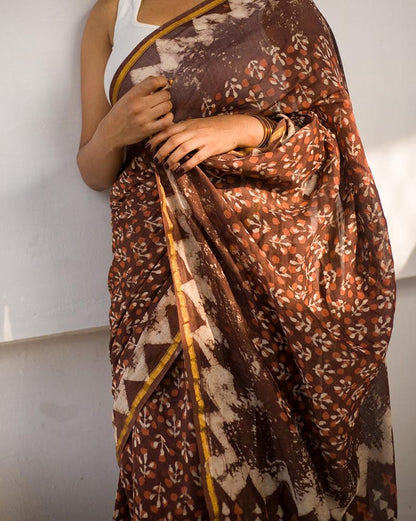 Cocoa Blossom - Cotton Silk Bagru Saree