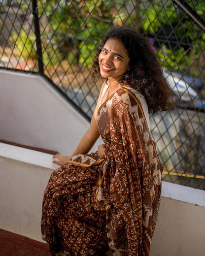 Cocoa Blossom - Cotton Silk Bagru Saree