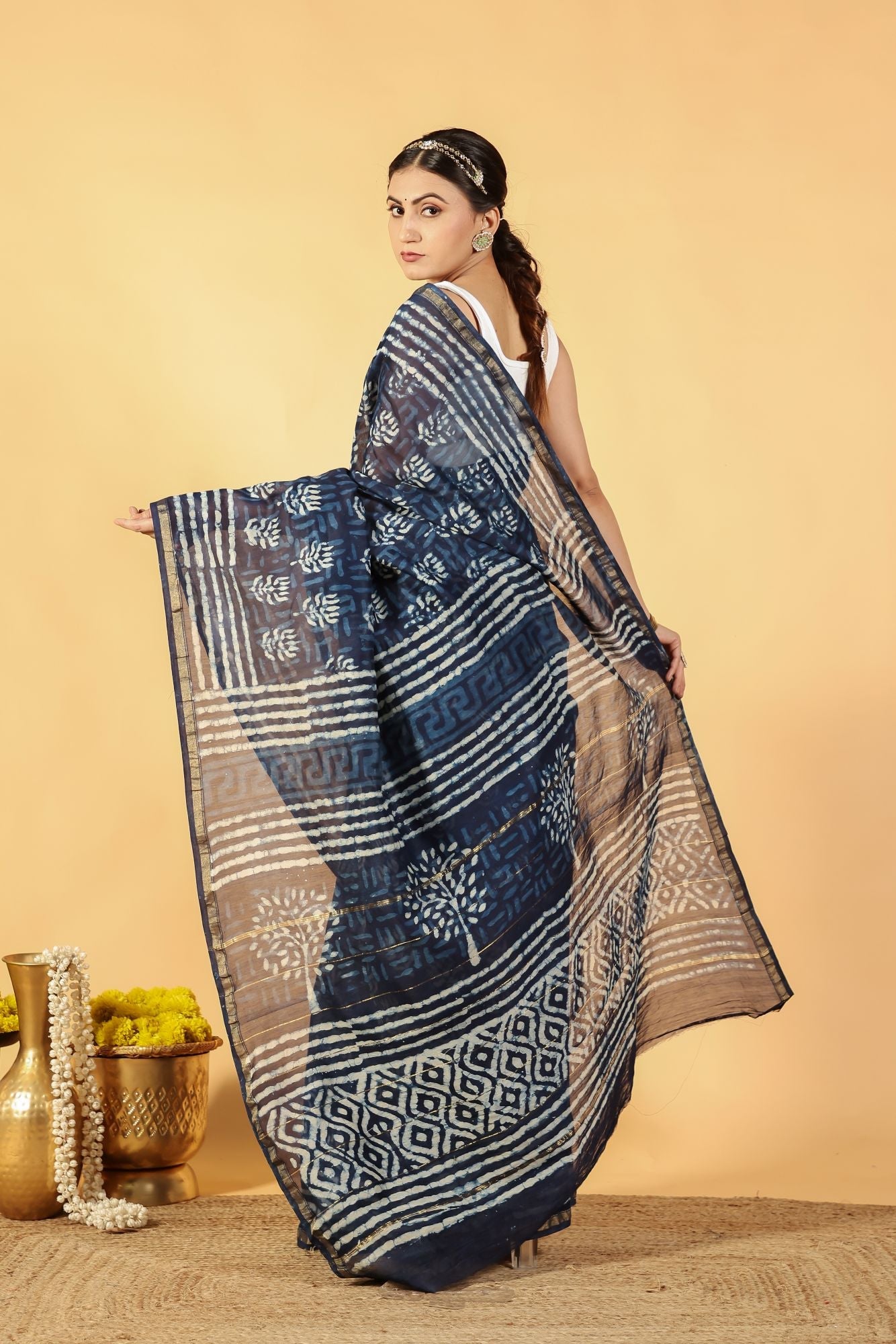 Indigo Lotus Tide Cotton Silk Saree