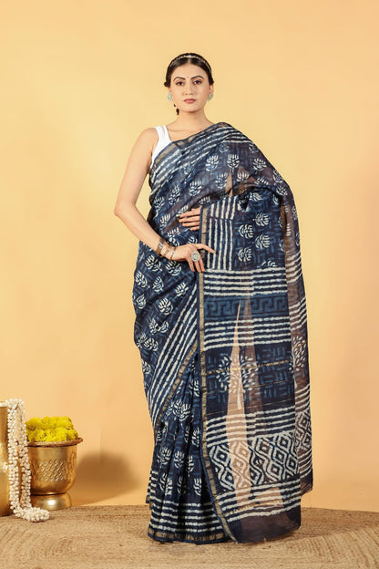 Indigo Lotus Tide Cotton Silk Saree