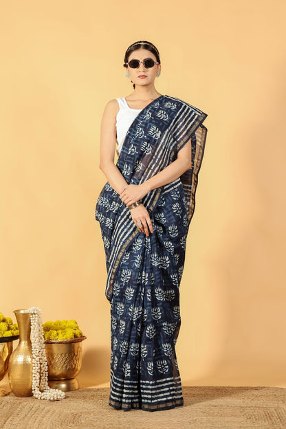 Indigo Lotus Tide Cotton Silk Saree