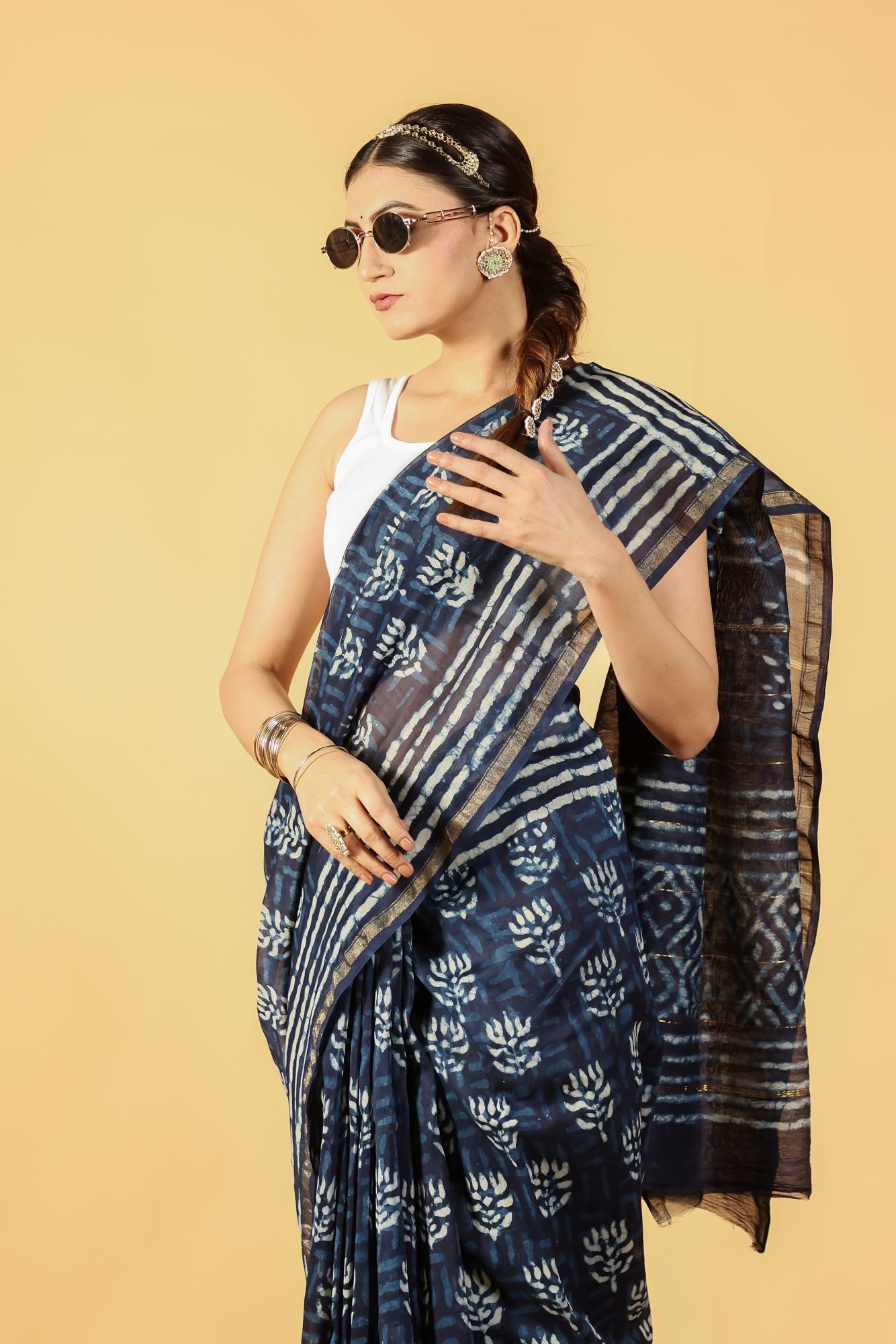 Indigo Lotus Tide Cotton Silk Saree