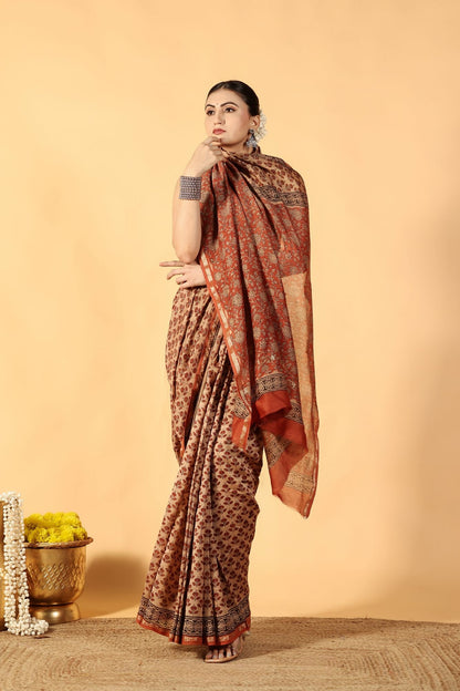 Bagru Brick Tale Cotton Silk Saree