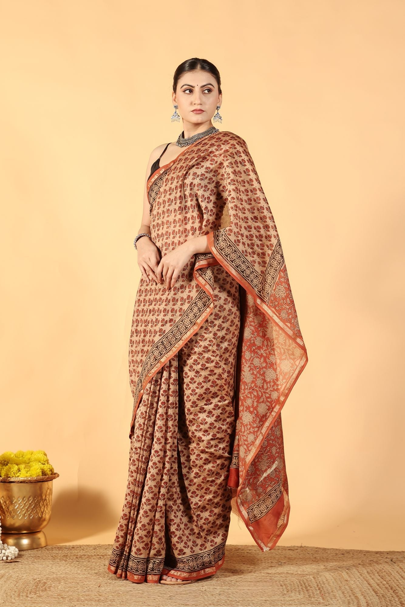 Bagru Brick Tale Cotton Silk Saree