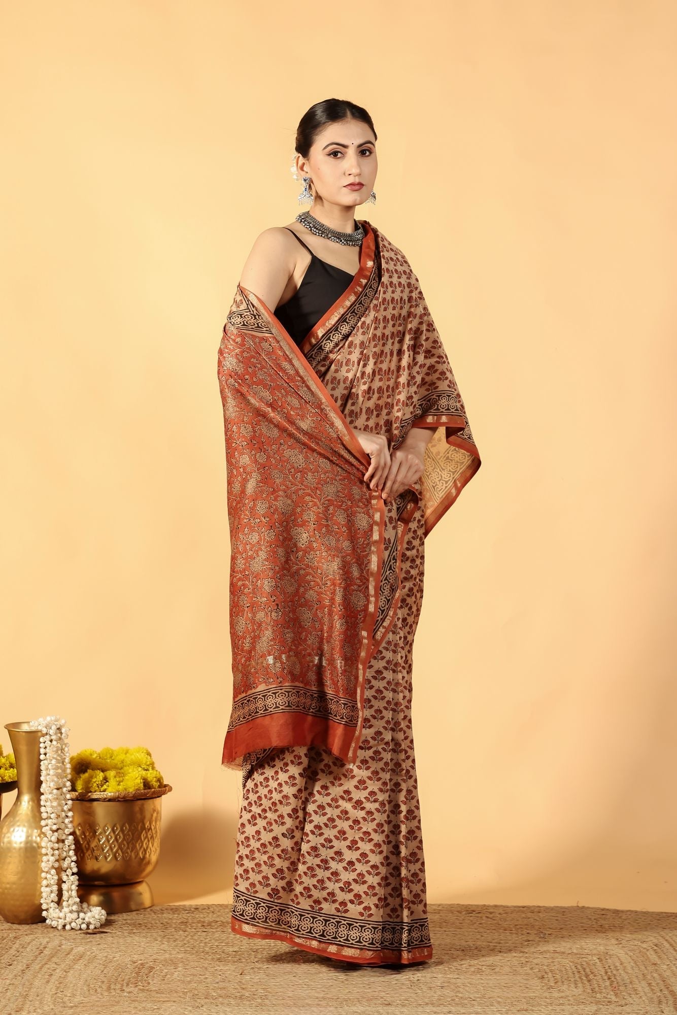Bagru Brick Tale Cotton Silk Saree