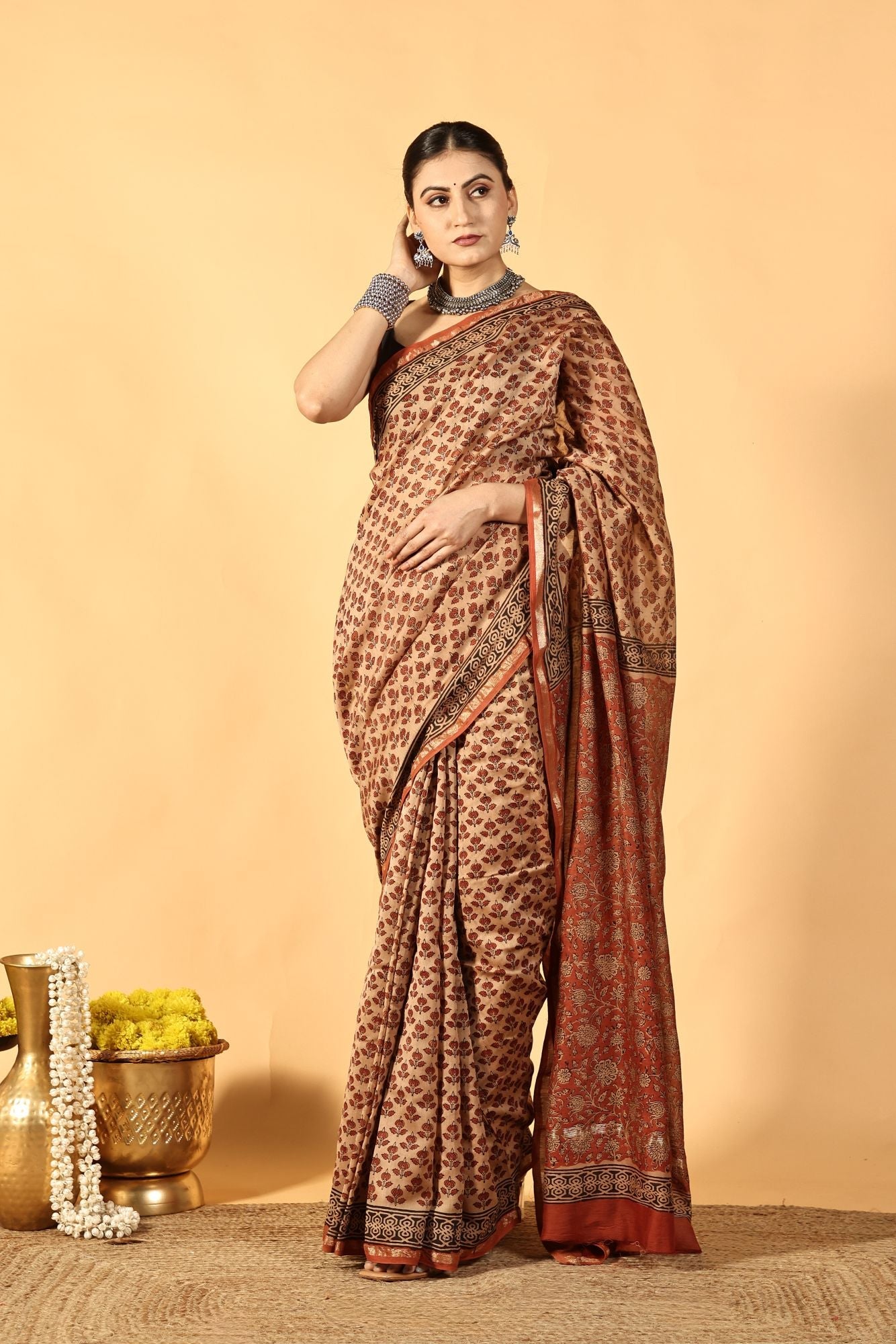 Bagru Brick Tale Cotton Silk Saree