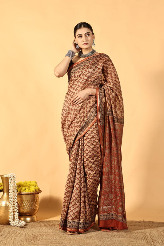 Bagru Brick Tale Cotton Silk Saree