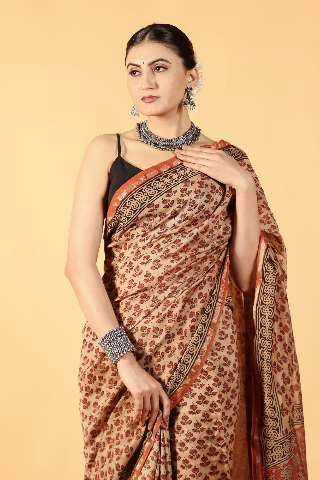 Bagru Brick Tale Cotton Silk Saree