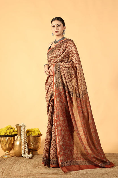 Bagru Brick Tale Cotton Silk Saree