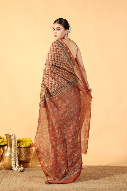 Bagru Brick Tale Cotton Silk Saree