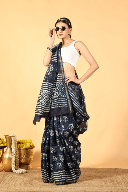 Indigo Lotus Tide Cotton Silk Saree