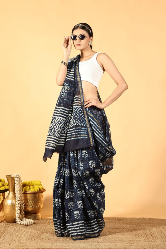 Indigo Lotus Tide Cotton Silk Saree