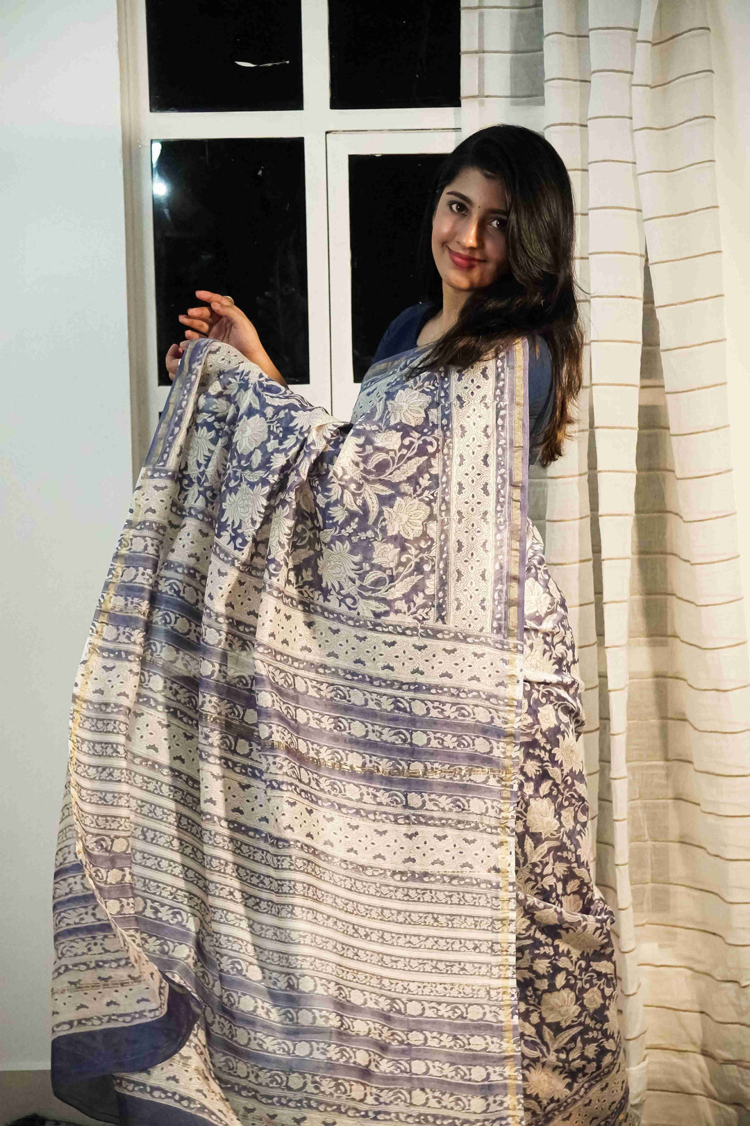 Cream Floral Garden Printed Cotton Silk saree