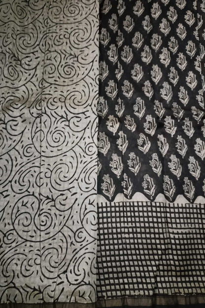 Florets on Black Printed Cotton Silk saree